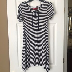 Navy blue and white striped lace up t shirt dress